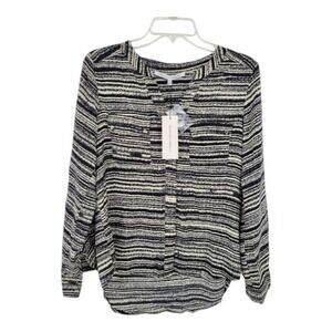 Collective Concepts Women's Black Cream Abstract Stripe Blouse Long Sleeve XS